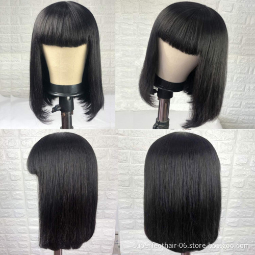 Short Straight Bob Wigs With Bangs For Black Women cuticle aligned virgin hair Natural Black Color human hair wig with bangs